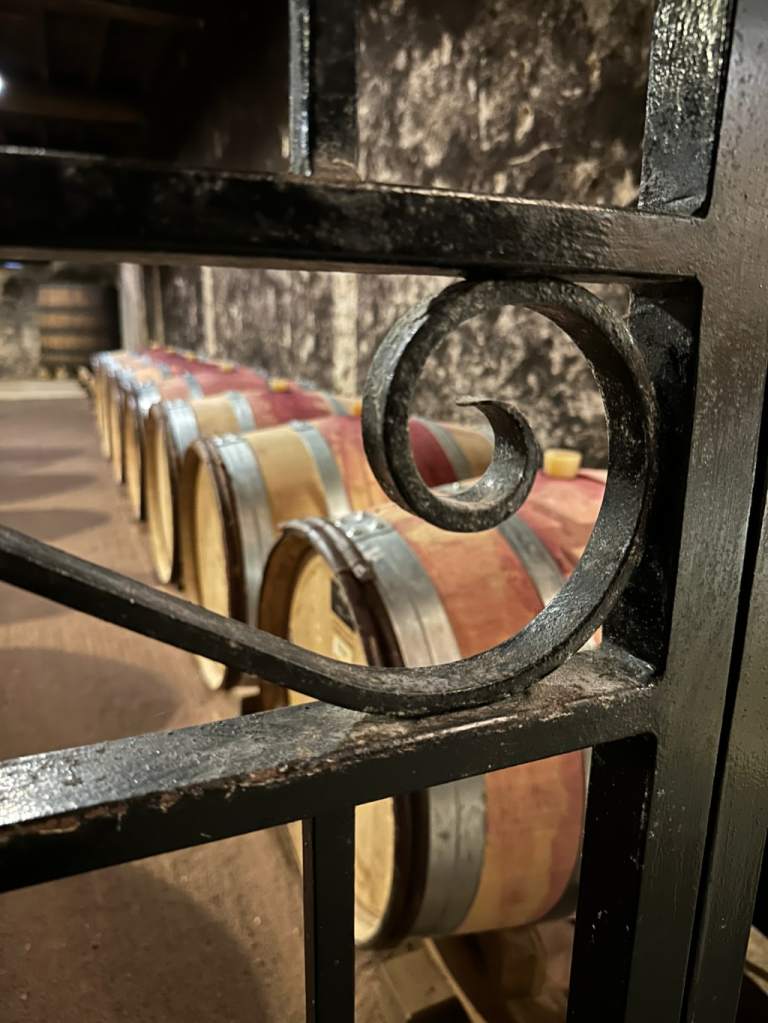 wrought iron gate to the wine cellar at Hameau Georges Dubœuf Vineyard in Romaneche-Thorins France (the Route de Fleurie).