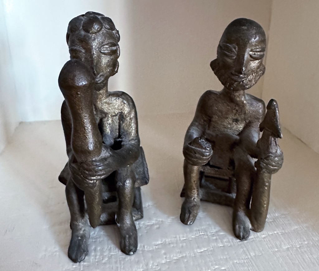 The Hunters - two brass figurines approx 2-inches in height, bought in the Republic of Côte d'Ivoire.