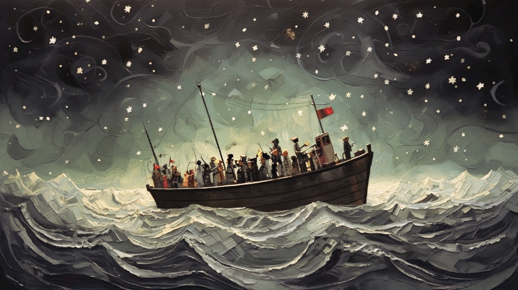 AI art: boat over-loaded with people crossing rough water of English Channel