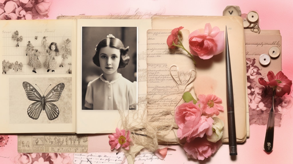 AI artwork: collage family photos, pink flowers, buttons, butterflies, and notebook