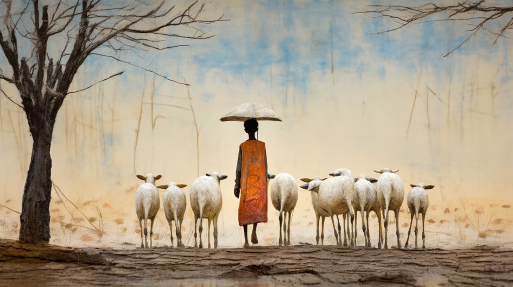 goatherd with his flock of goats in drought conditions, bare trees and cracked soil.