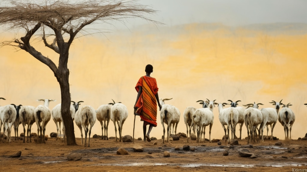 A artwork: goatherd with his goats on Kenyan landscape