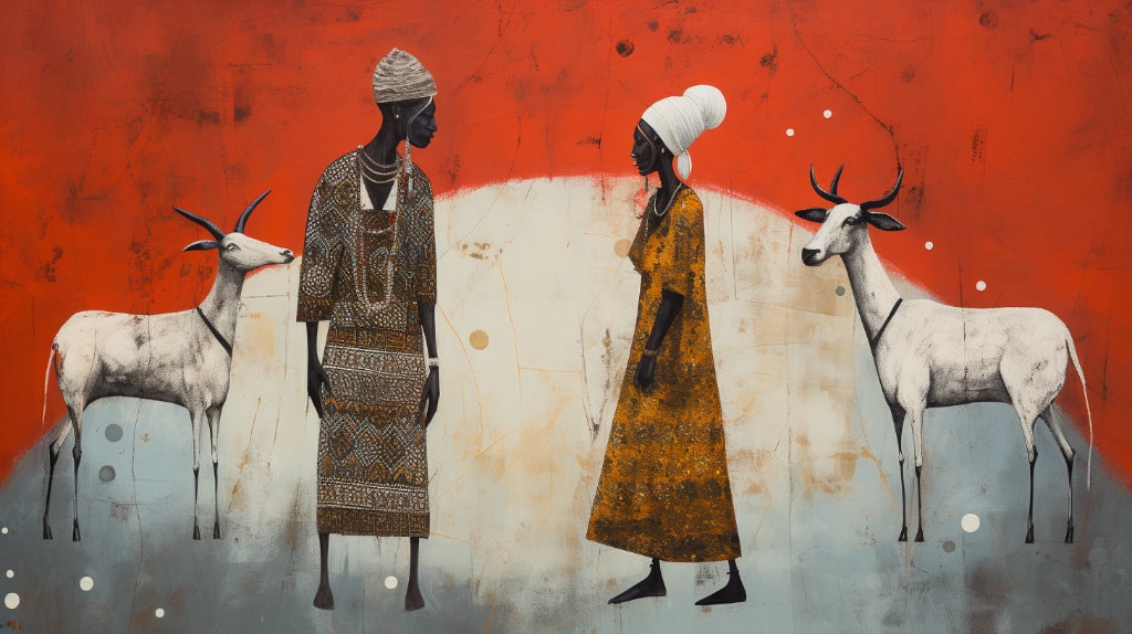 AI artwork: man and woman in traditional African clothing with their goats.