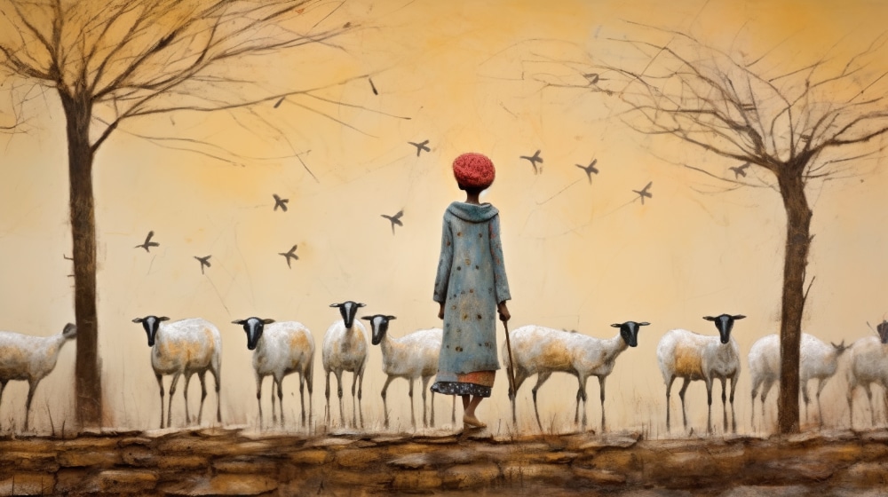 goatherd with his flock of goats in drought conditions, bare trees and cracked soil.