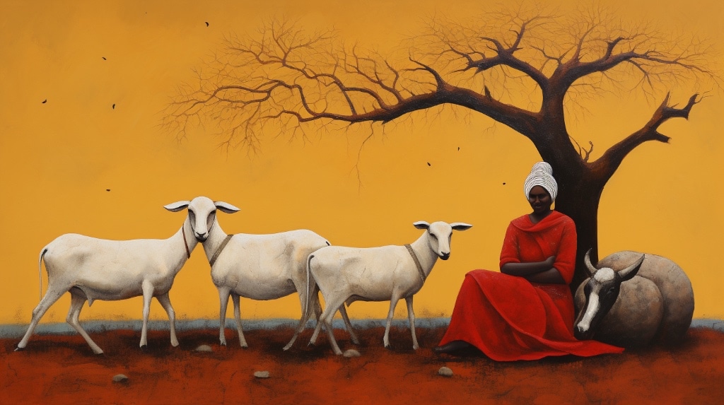 goatherd man with goats, napping under an argan tree