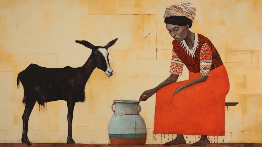 AI artwork: black goat, a woman in traditional Kenyan clothing seated with a milk container