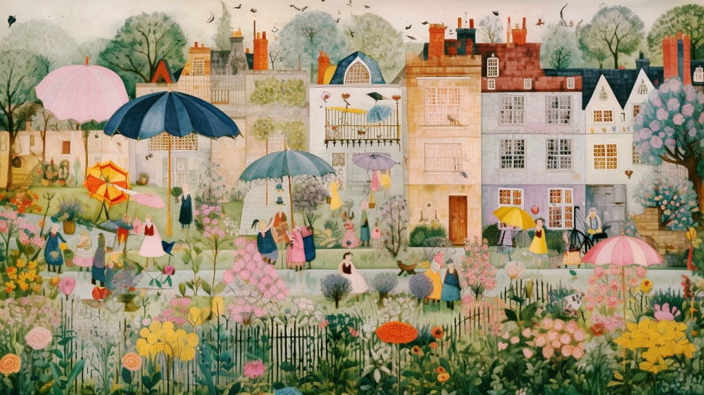 AI artwork: English garden scene in naive art style, flowers, trees, birds, umbrellas, houses, children, men and women