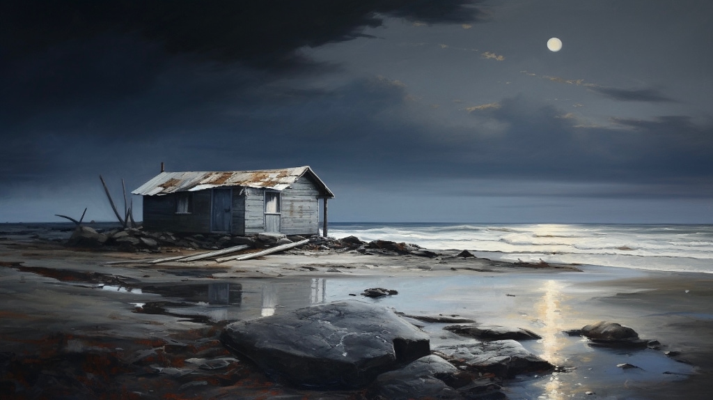 AI art: moonlit seascape with tin roof shack on the beach