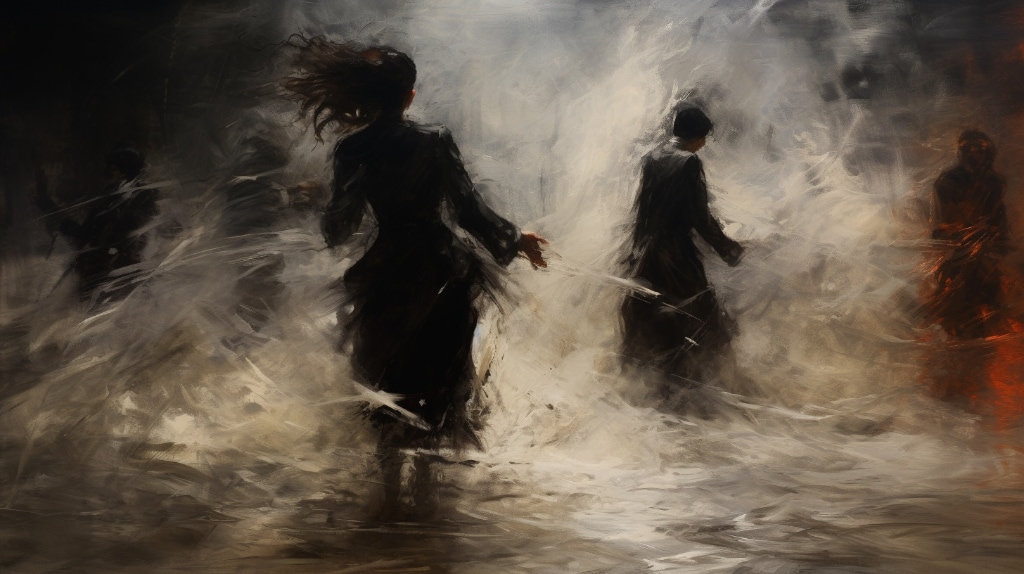 AI artwork, abstract image of two people in motion. 
