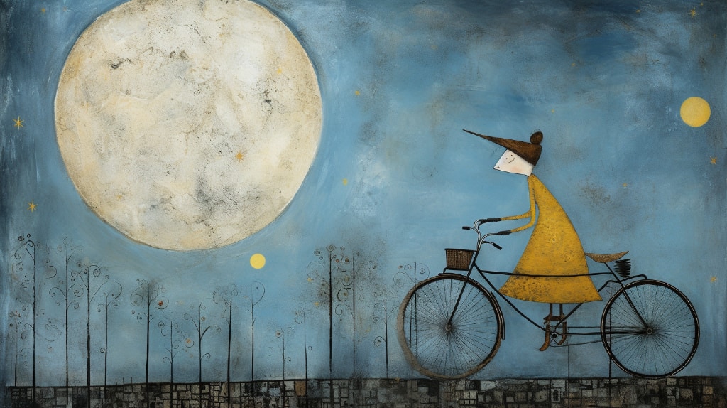 AI Artwork, woman wearing a hat and a mustard colour dress, riding a bicycle at night, large full moon top left corner of image. Drawing and acrylic.