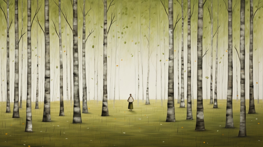 AI Artwork: naive art, birch tree forest, woman walking through forest. colours of brown white and gradients of green.