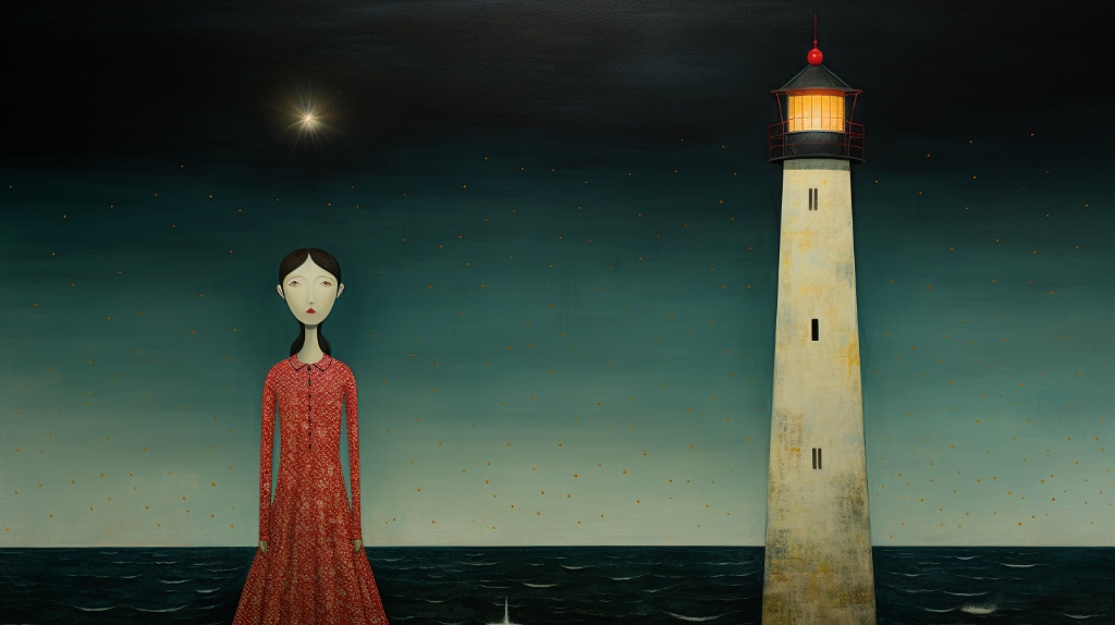 AI artwork, woman in a dress dress standing near a lighthouse, night sky, like joong keun lee drawing
