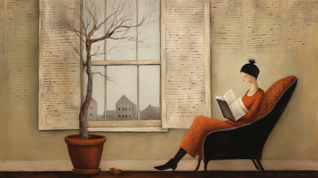 AI artwork: woman sitting in a chair reading a book near an open window.
