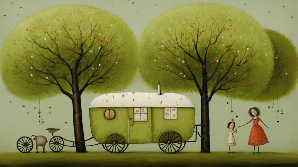 AI artwork, naivecore art. Two trees with fruit, a caravan, mother and child