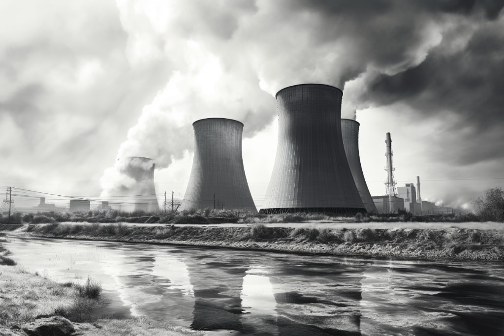 cooling towers at a nuclear plant. Monochrome drawing.