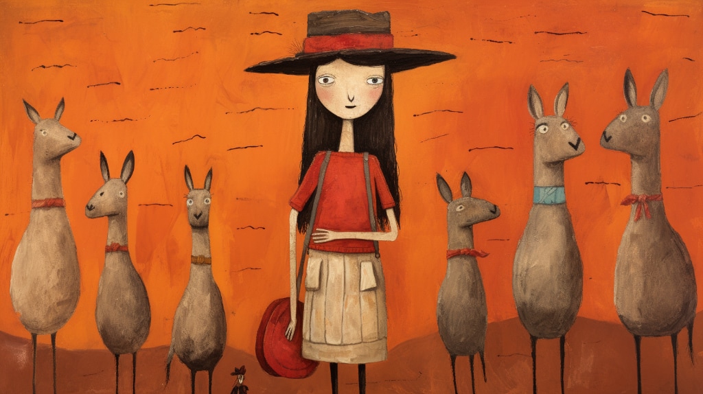 AI artwork, girl with llamas and aardvarks, naivecore art