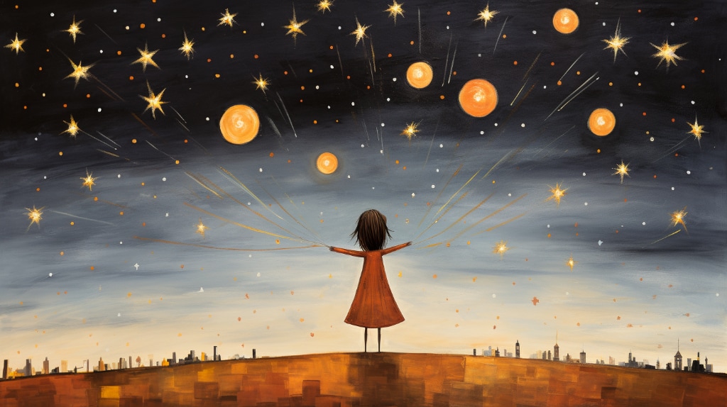 AI art. girl looking at the night sky and counting stars