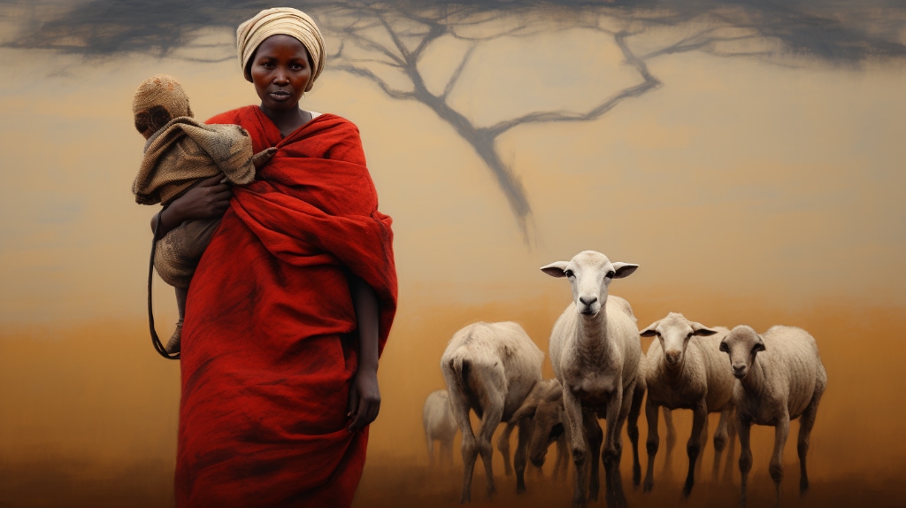 AI artwork: woman in traditional Masai clothing, holding a baby, goats in the background. Woman and goats looking at the reader.