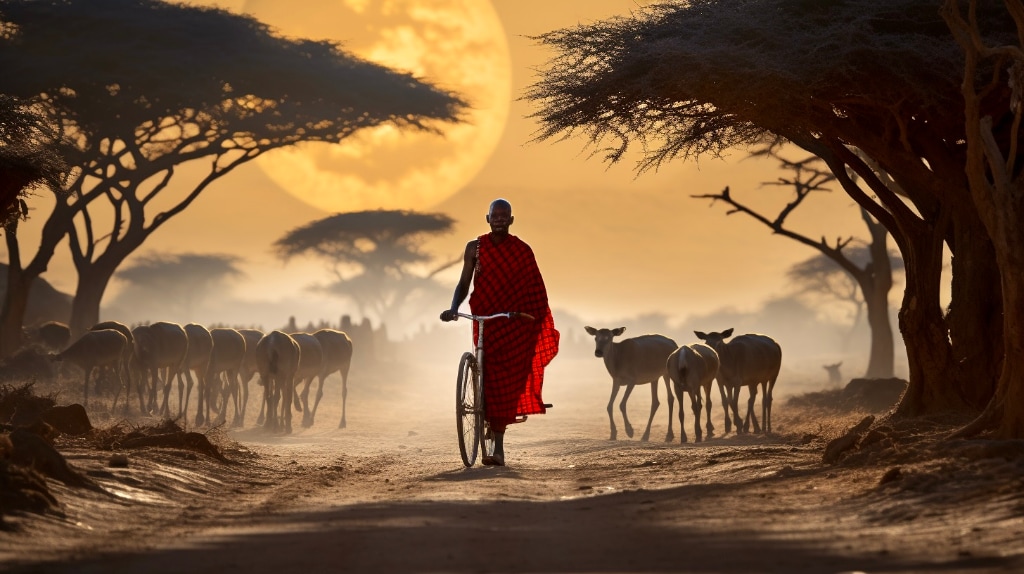 AI Artword: massai kenyan man dressed in red on a bicycle with his goats and trees in the background