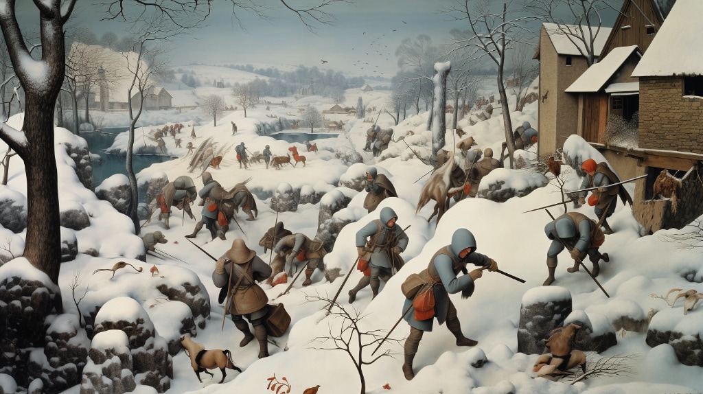 AI artwork: in the style of Hunters in the Snow by Pierre Bruegel. 