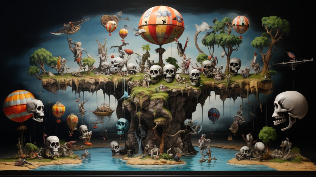 AI artwork: fantasy island of skulls 