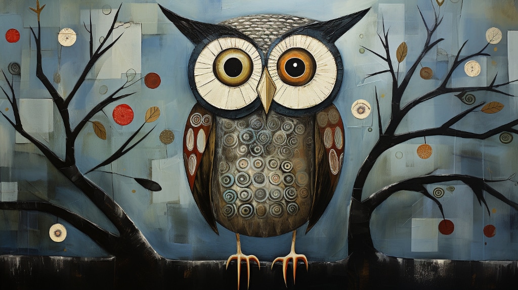 AI artwork using Midjourney. An owl, naivecore style, black, brown, grey, blue, white and red spots. Playful illustration.
