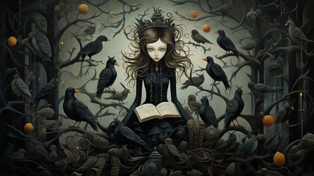 AI artwork. gothic mood, woman in black reading a book to blackbirds and crows.