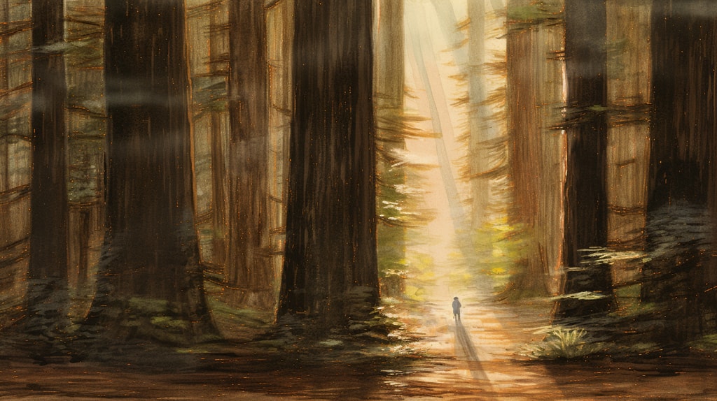 AI artwork, redwood forest with komorebi (sunlight streaming through the trees).