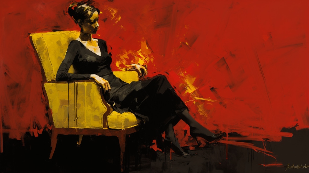 AI art: woman in a black dress sitting in a yellow chair, red background, slightly abstract
