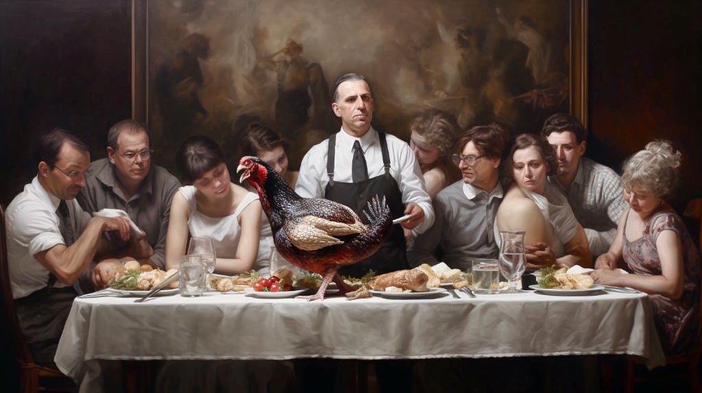 AI family gathering , people at dining table with Christmas dinner and a live turkey walking on the table.