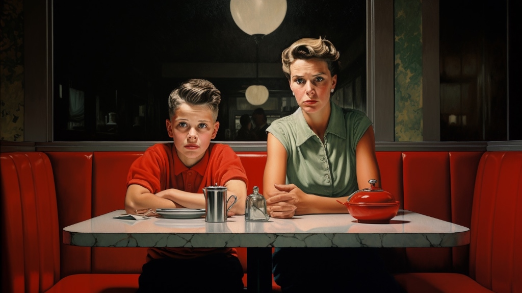 Mother and son sitting in a restaurant booth, 1950s style. 