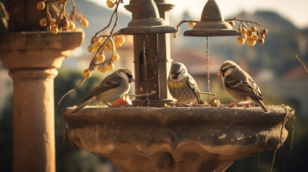 AI art, sparrows on a bird feeder, flowers, berries, bells. 