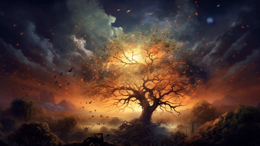 bare tree, stormy sky, sun through clouds