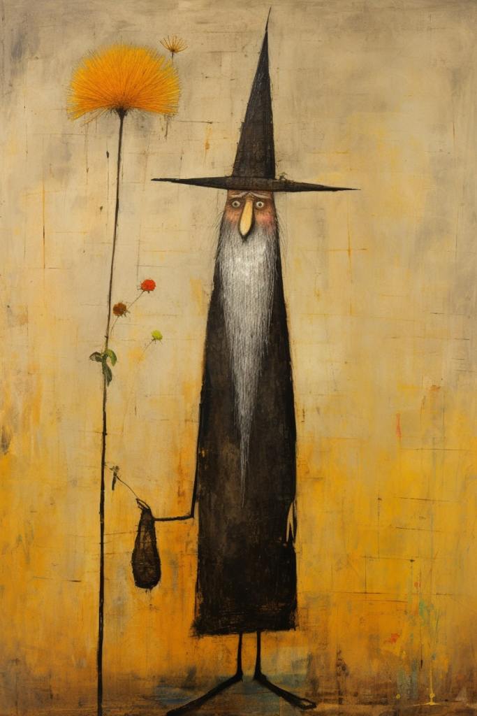 AI art earthy colours background, drawing of tall monk, long beard, tall hat, black cloak