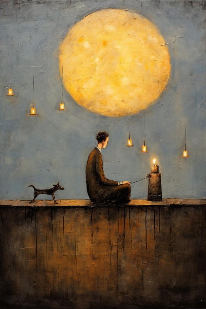 AI art, man sitting with candle and hanging lights under a full moon