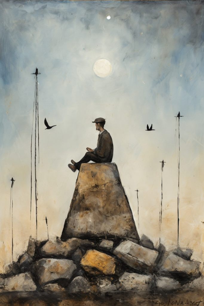 AI art, man sitting on top of a tall pile of stone. Birds in the sky, misty sunlight.
