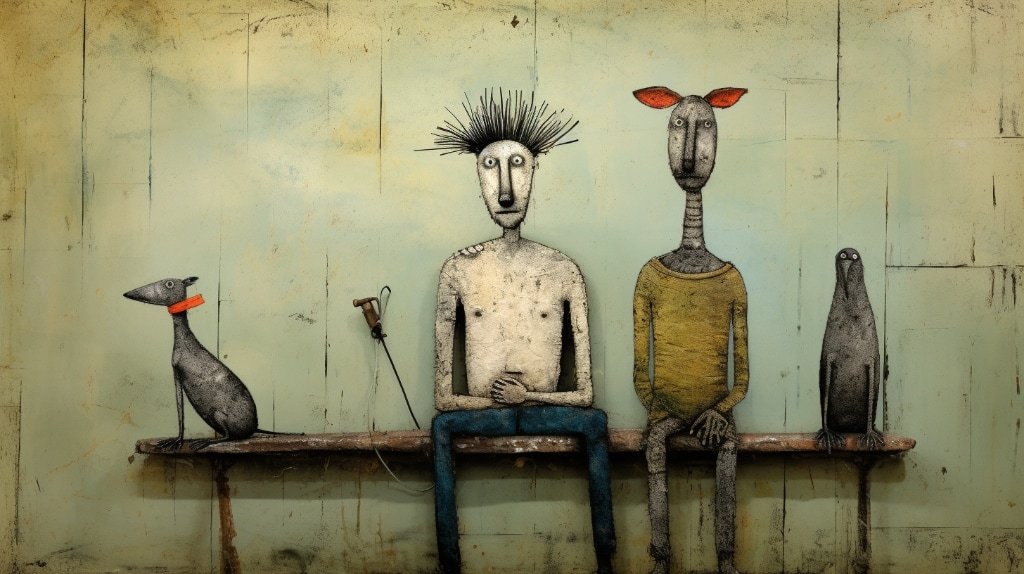 AI art. naive drawing man with spike hair sitting on a bench with a dog, a penguin,and something else, maybe it's a kangaroo, with a long neck and red ears.