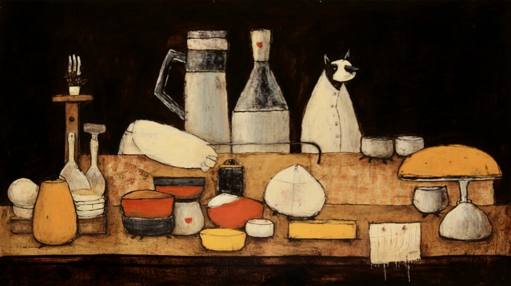 various foods as described in poem on a wooden table with black background