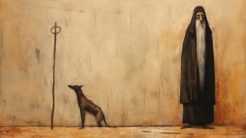 AI art: monk with long beard and a dog