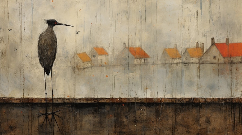 AI art. large dark colour bird, long bill and long legs looking out over village with houses.