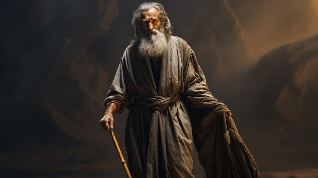 man with white beard and hair, belted robe in brown tones with a walking stick