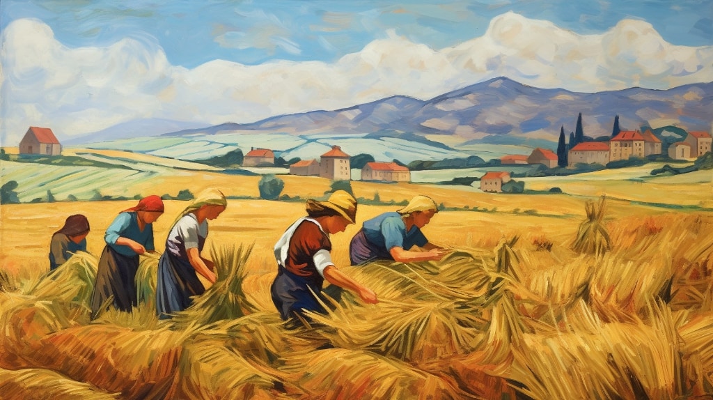 woman working in a field harvesting straw by hand.