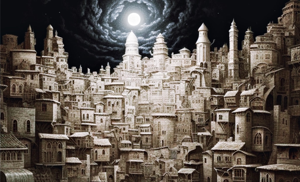 AI Midjourney: etched drawing of Gaza