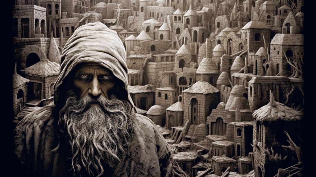 AI Art. Impressionistic. Gaza, high density living, monochrome, hooded man with glowering expression.