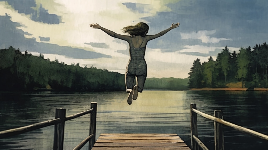 AI midjourney, summer; girl jumping off a dock into a lake.