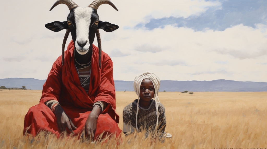 AI Art. girl goatherd sitting in long golden grass next to an goat anthropomorphism