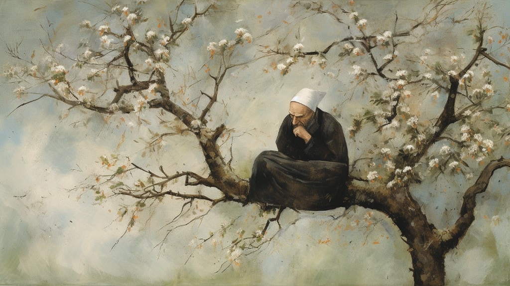 AI art. man sitting in a tree, contemplating, tree in blossom