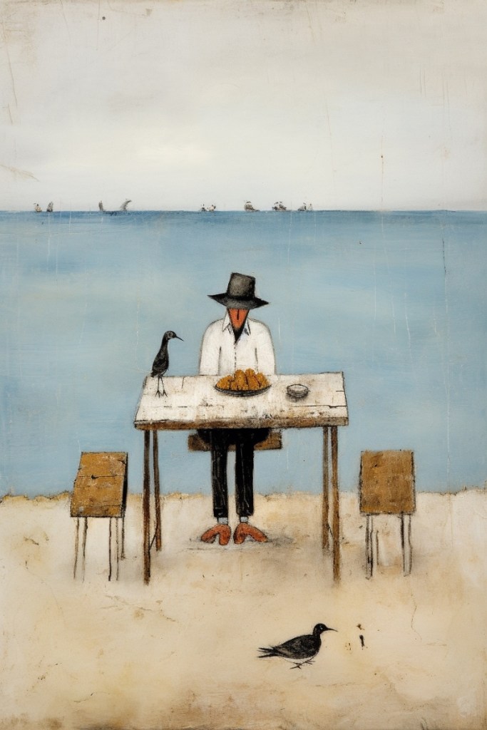 AI art. man sitting at a wooden table, two benches, bird on the table and another on the ground, blue sea behind him. 