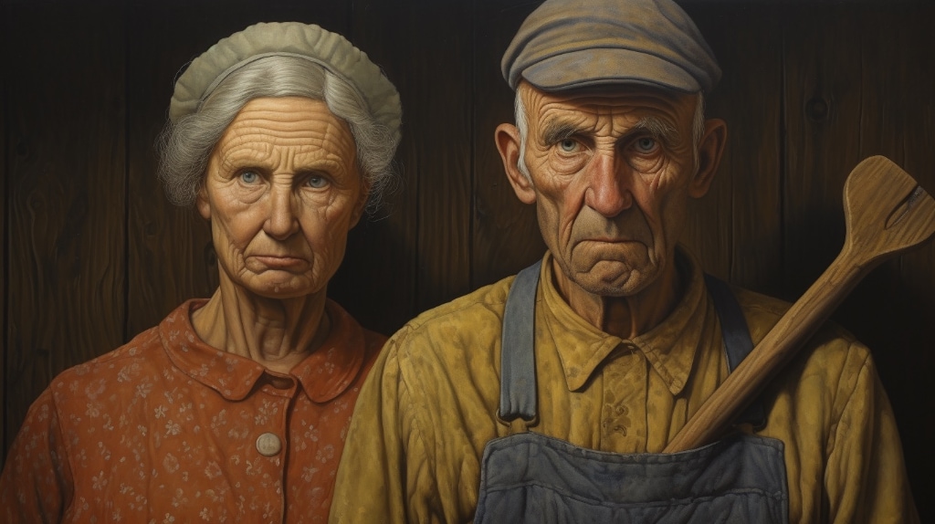 AI art. elderly man and woman, grim expressions of labour on land farm. Dark background, muted colours.