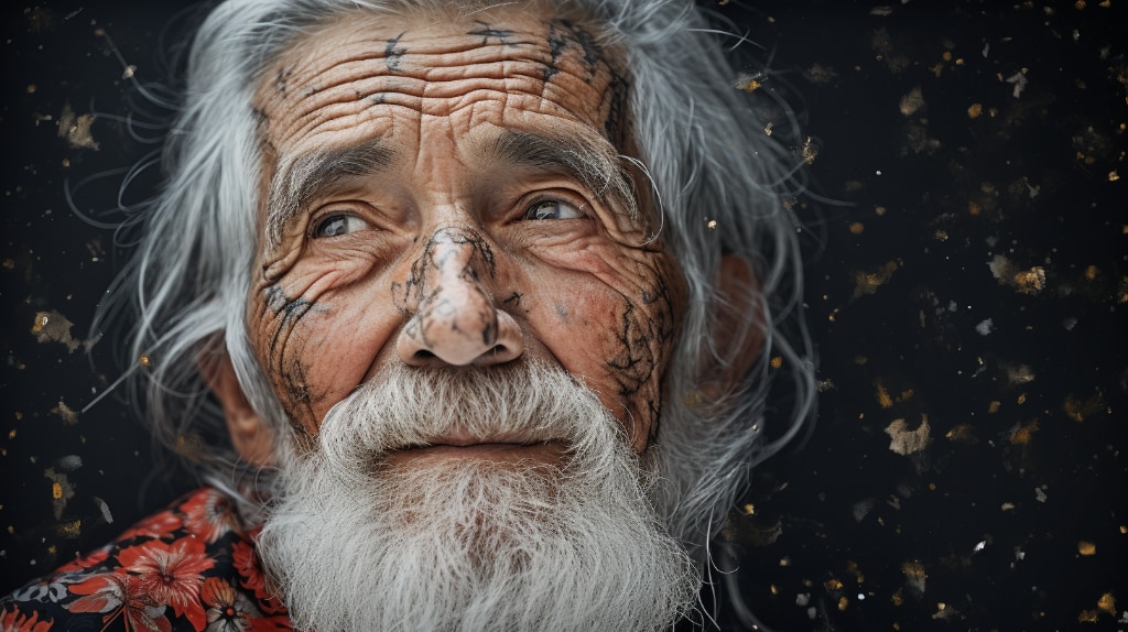 AI artwork, old man white hair and beard, facial tattoos, kindly expression, dark background